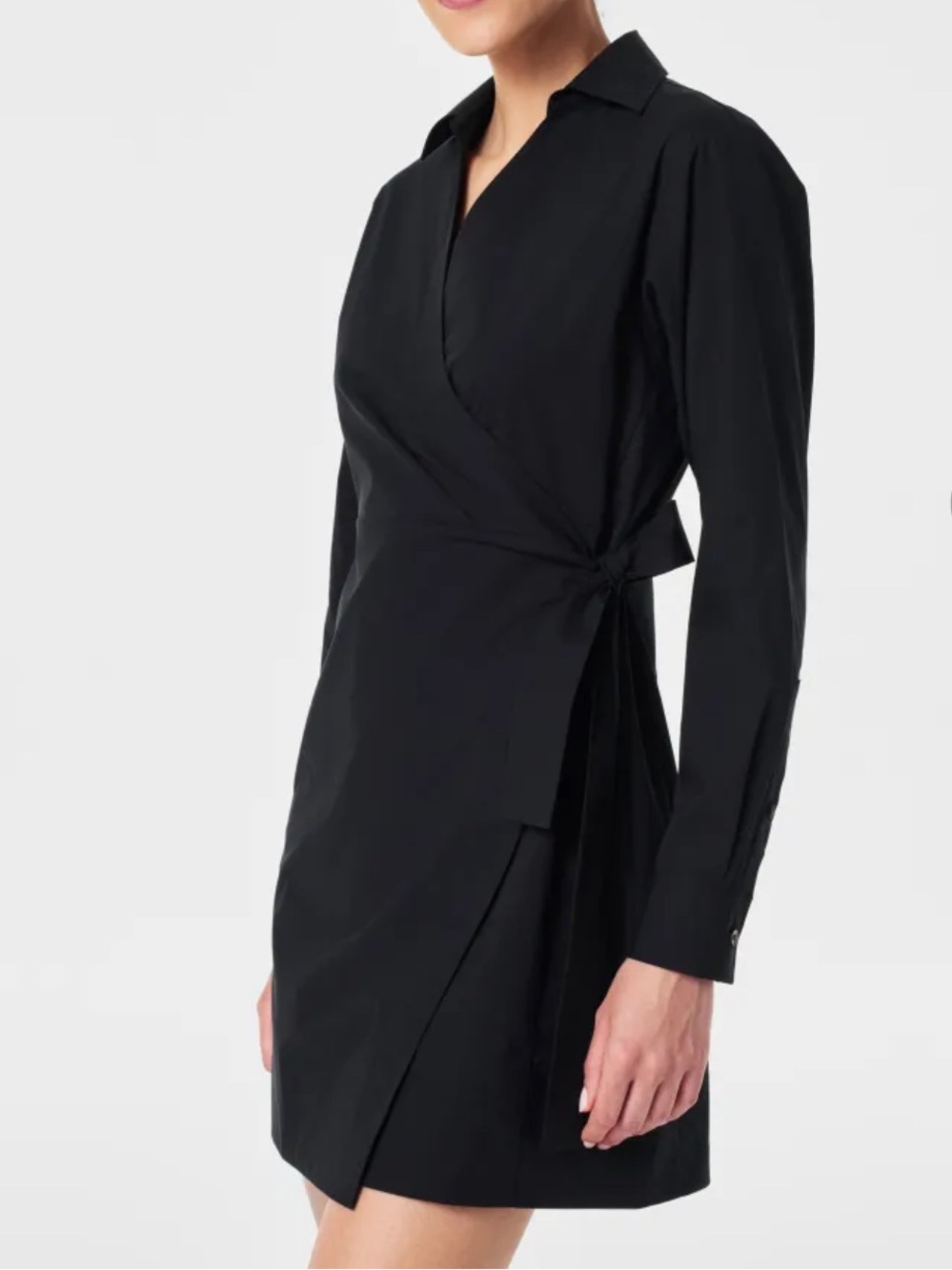 NWT SPANX Medium Black Poplin Long-Sleeve Mini Wrap Shirtdress